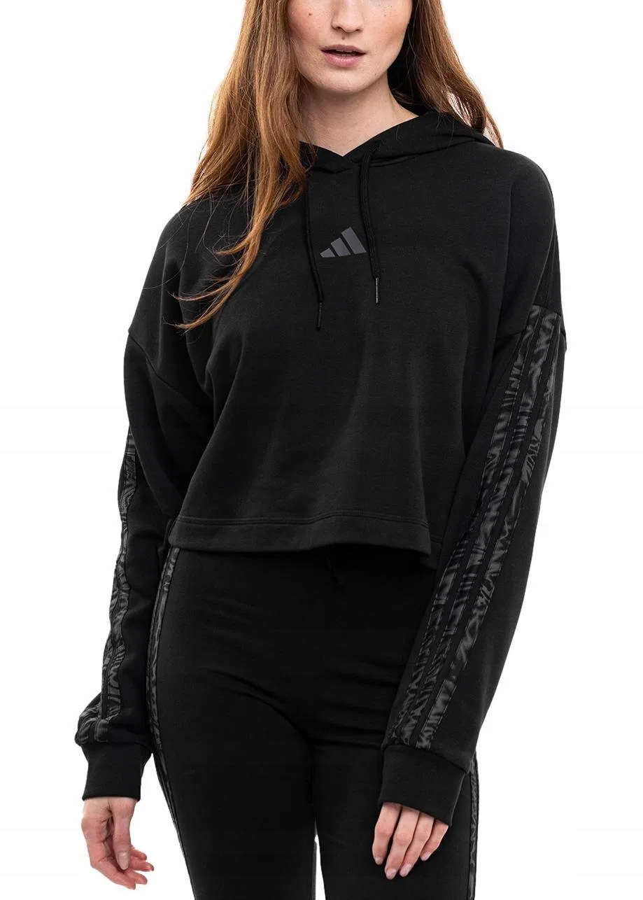 Женское худи с длинным рукавом adidas Essentials 3 Stripes Print French Terry Hoodie, Schwarz