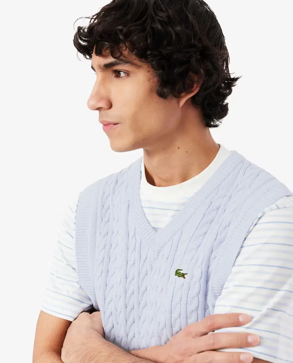 Мужской вязаный жилет с узором «косички» Lacoste, Azul Claro — фото 3