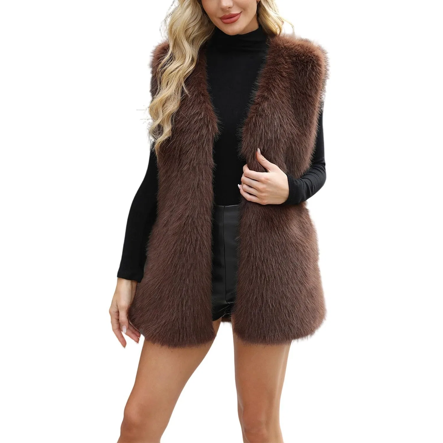Женская куртка с принтом Lussuosa giacca invernale sintetica per un elegante cappotto in pile con vestibilità aderente per abbigliamento alla moda nella stagione fredda, caffè