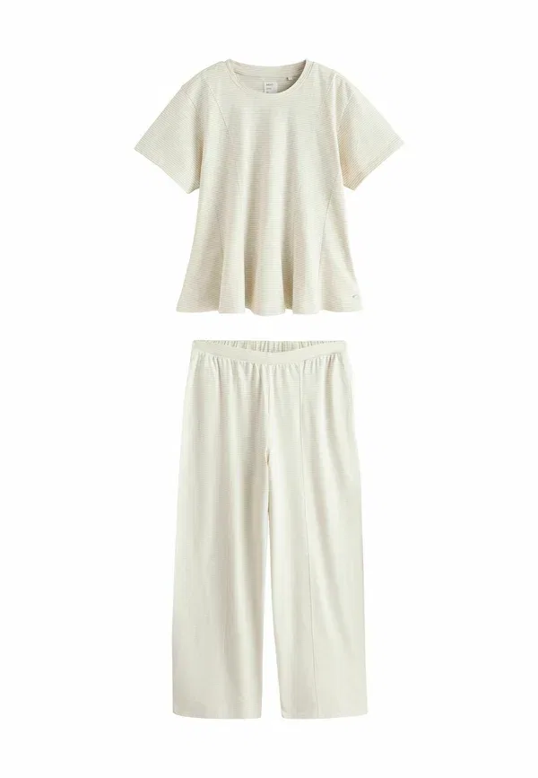 Пижамный комплект с завышенной талией и воланом из хлопка Tall fit - cinched waist peplum short sleeve pyjamas set Next, Neutral Stripe — фото 4