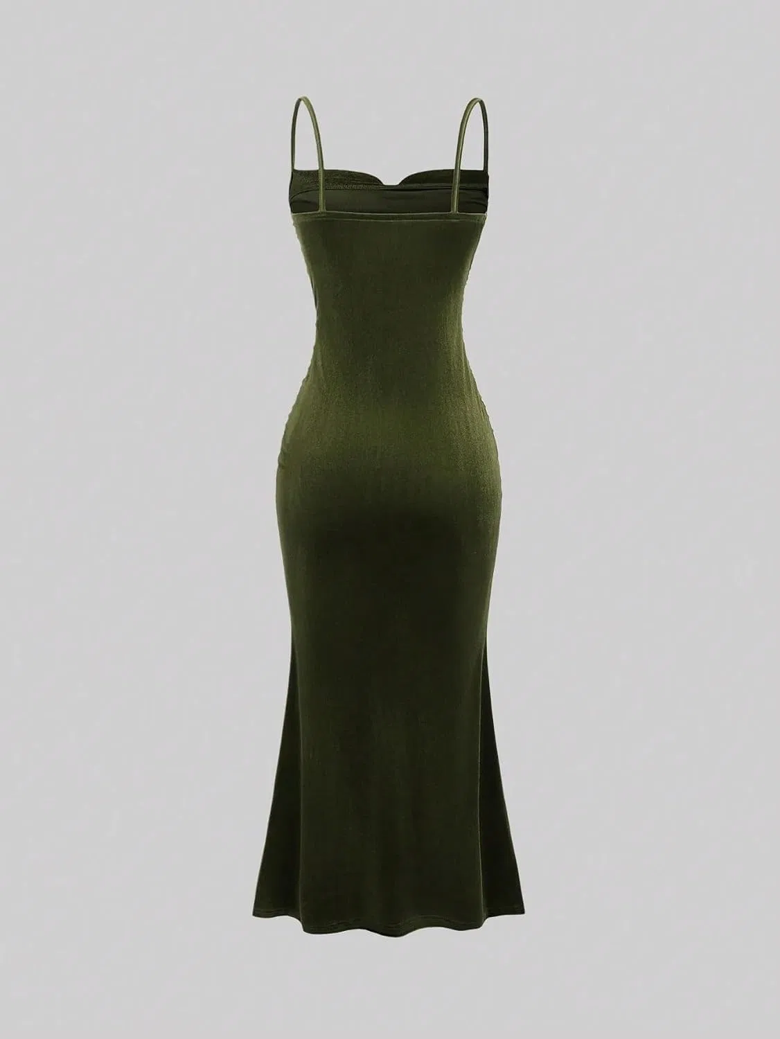 Женское бархатное макси-платье на тонких бретелях с рюшами, Army Green — фото 3