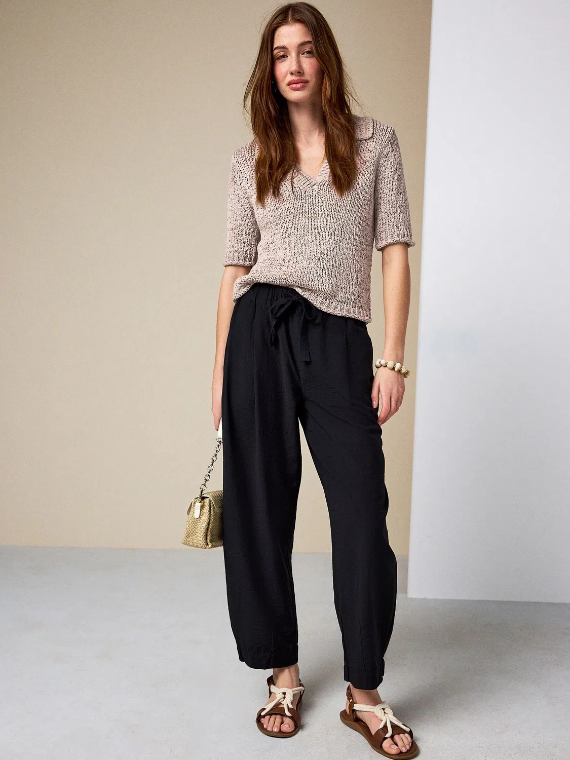 Брюки баррель, глянцевый нейлон-лен, Black Barrel Leg Trousers with Linen Next, черный