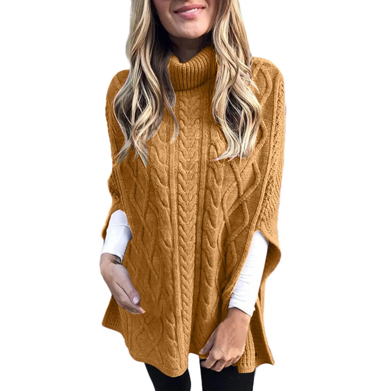 Женский вязаный кардиган с длинным рукавом, модель Knitted Polo Wrap Turtleneck Poncho Sweater Cape Shawls, Ye1