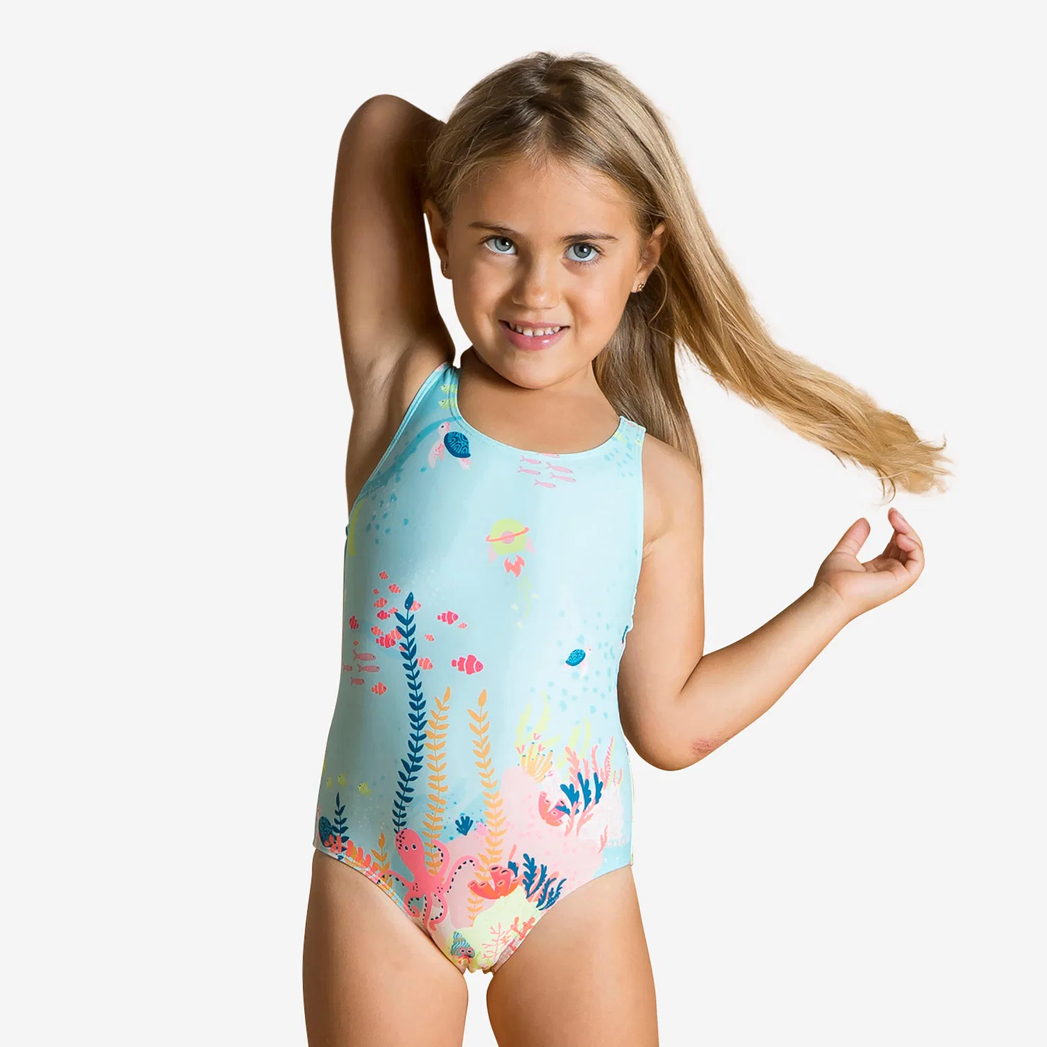 Детский купальник для девочек с принтом Badeanzug Baby/Madchen - Print hellblau Decathlon, Blasses Minzgrun Fluoreszierendes Blassrosa