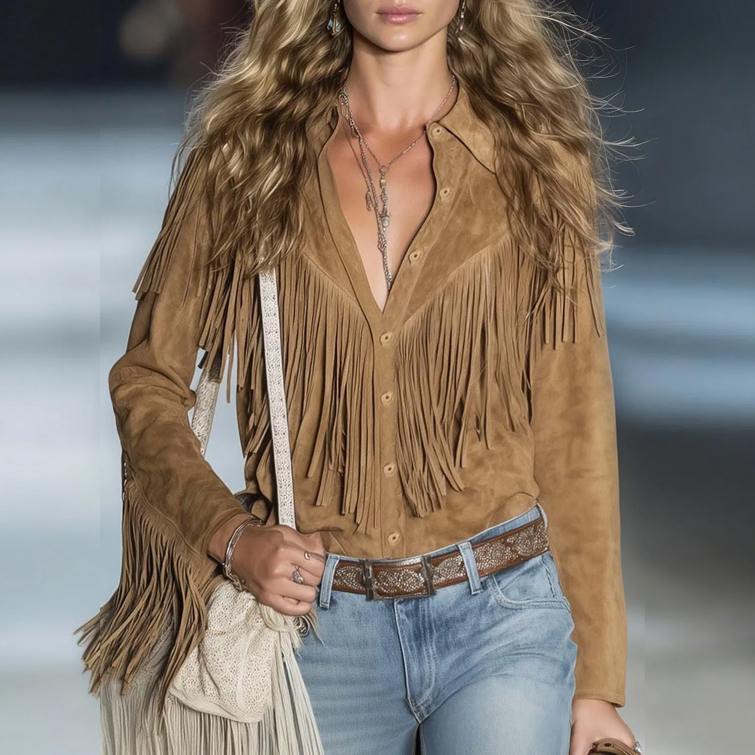 Женская блуза с бахромой Fashion Cowgirl Leather Tops Women Tassel Shirts 70s Hippie Cowgirl Western Faux Suede Fringe Blouse Long Sleeve Button Lapel Top Elegant, Brown — фото 2