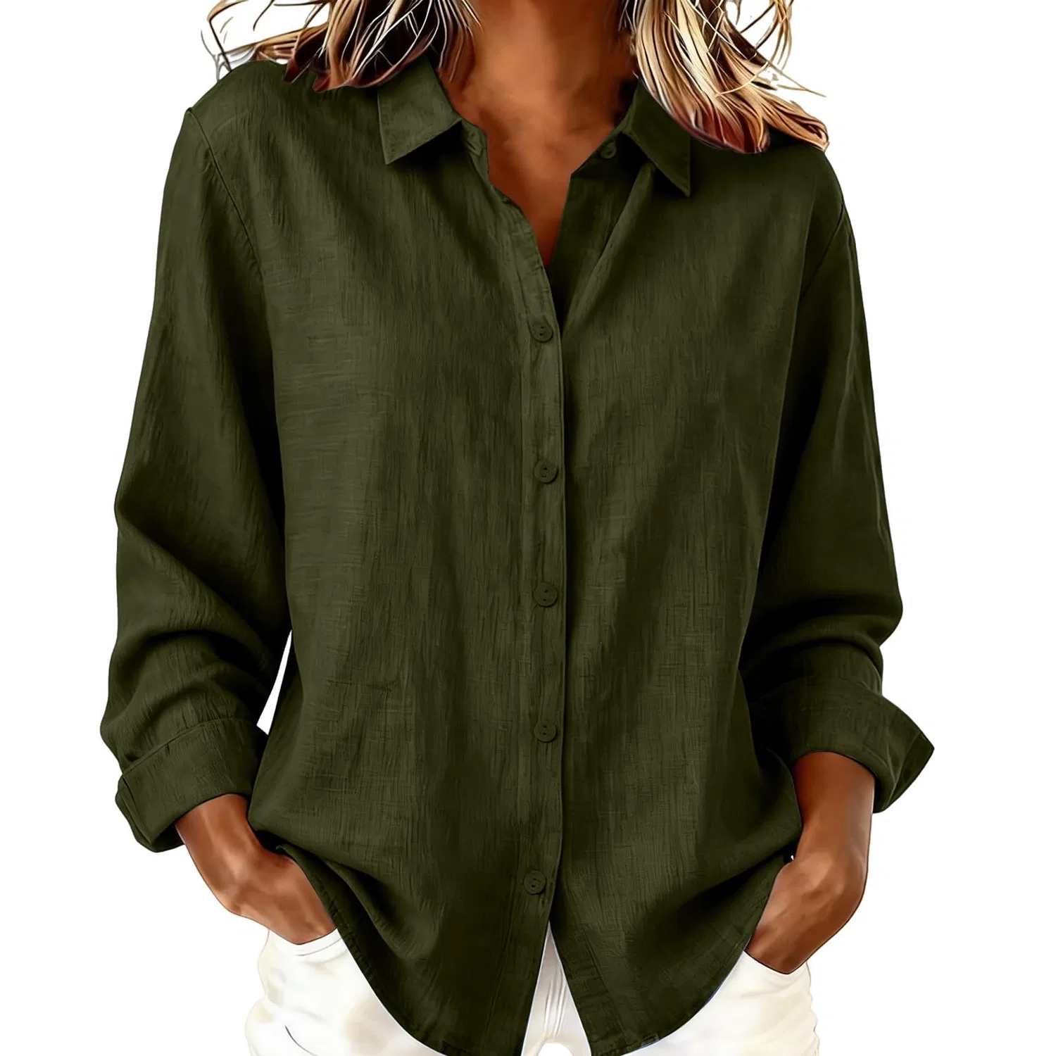 Женская льняная рубашка оверсайз с длинным рукавом, Dark Green