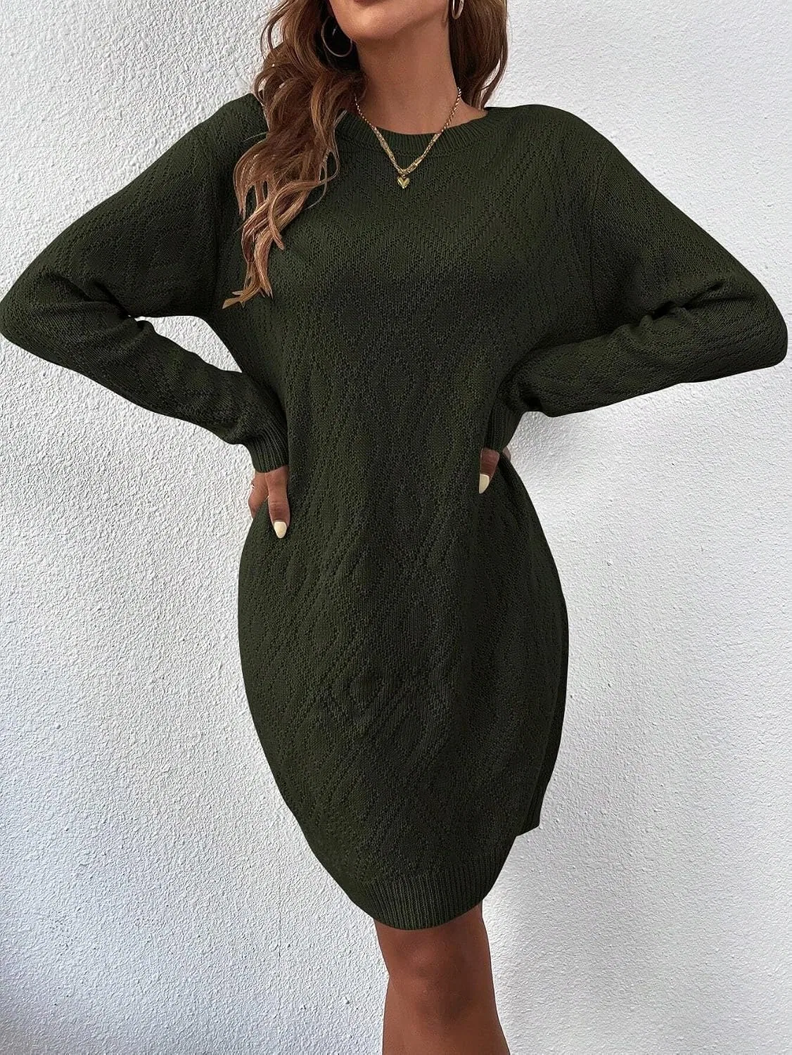 Женское повседневное платье с круглым вырезом Rib-Knit, Army Green — фото 3