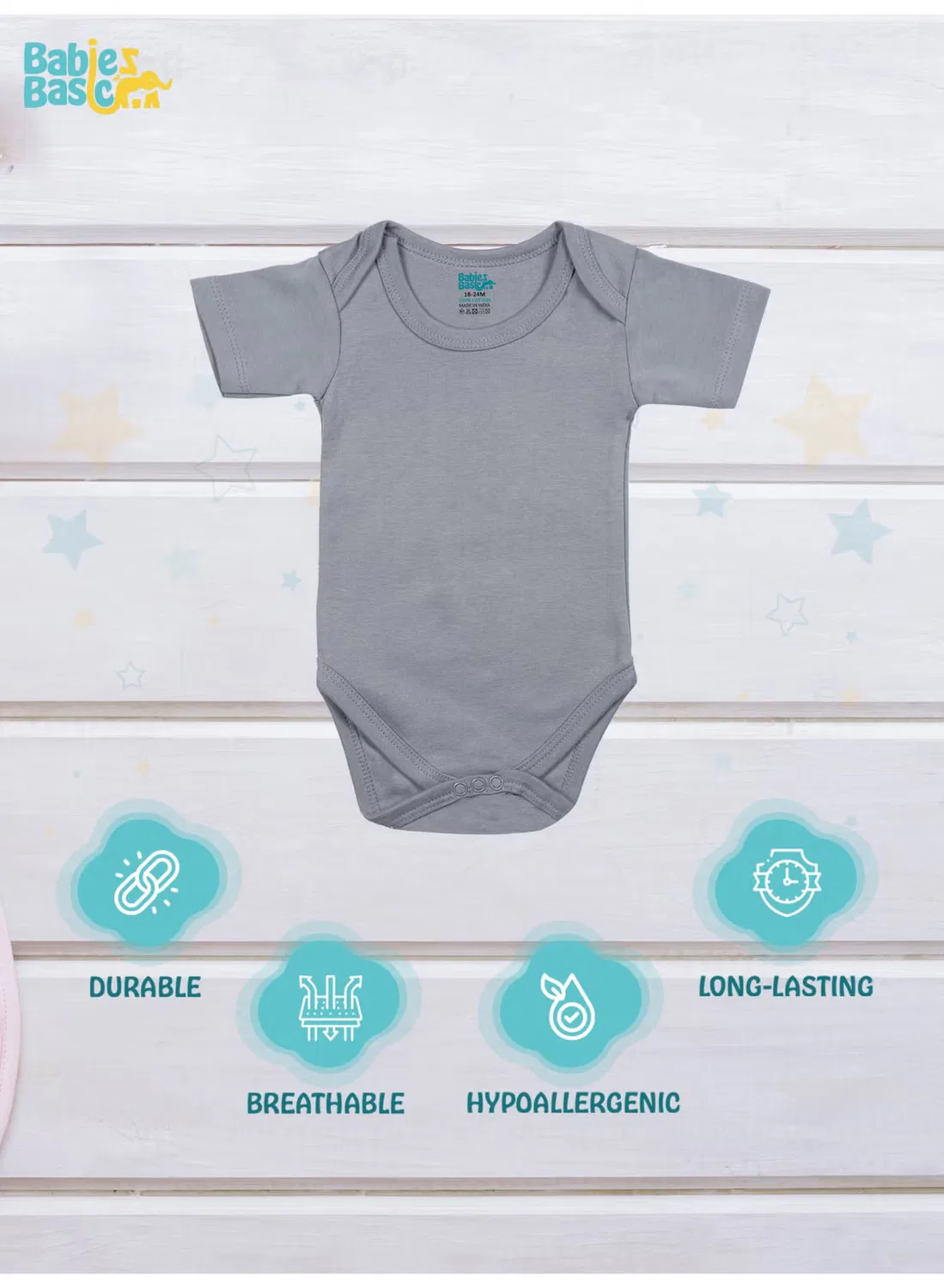 Боди-комбинезон с коротким рукавом, комплект из 3 штук, Babies Basic, черный, темно-синий, серый — фото 4
