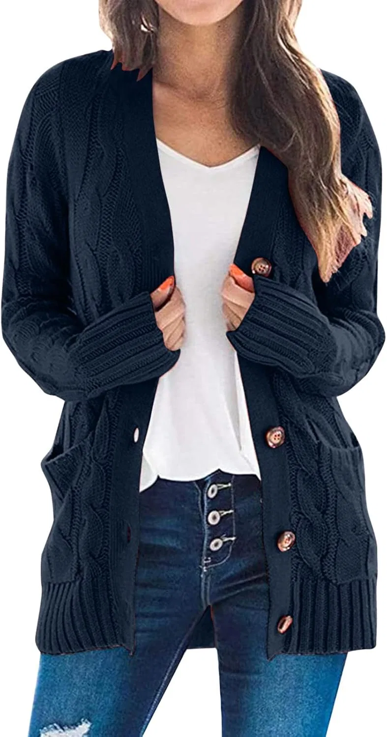 Женский кардиган с пуговицами, хлопковый, Open Front Cardigan, тёмно-синий
