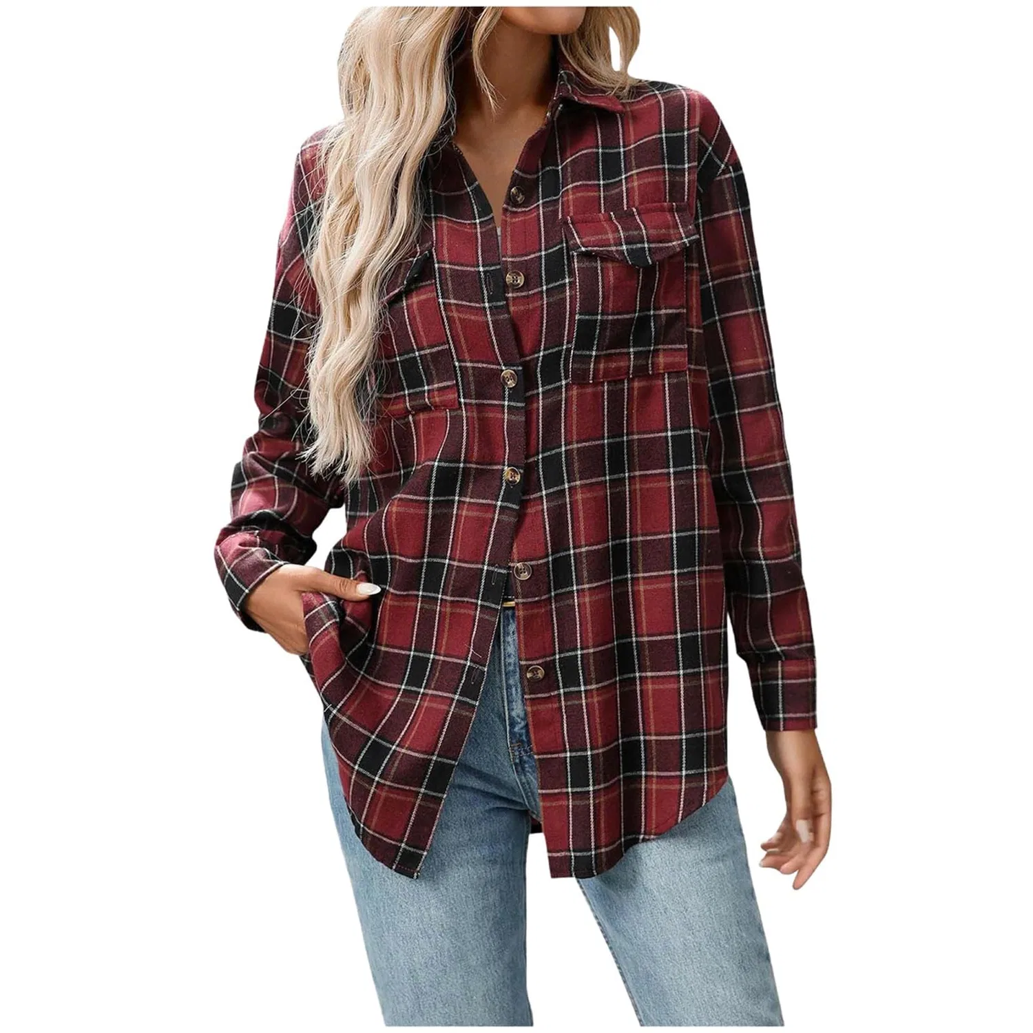 Женская рубашка-жакет с принтом в клетку, модель Plaid Flannel Shirts, Wine