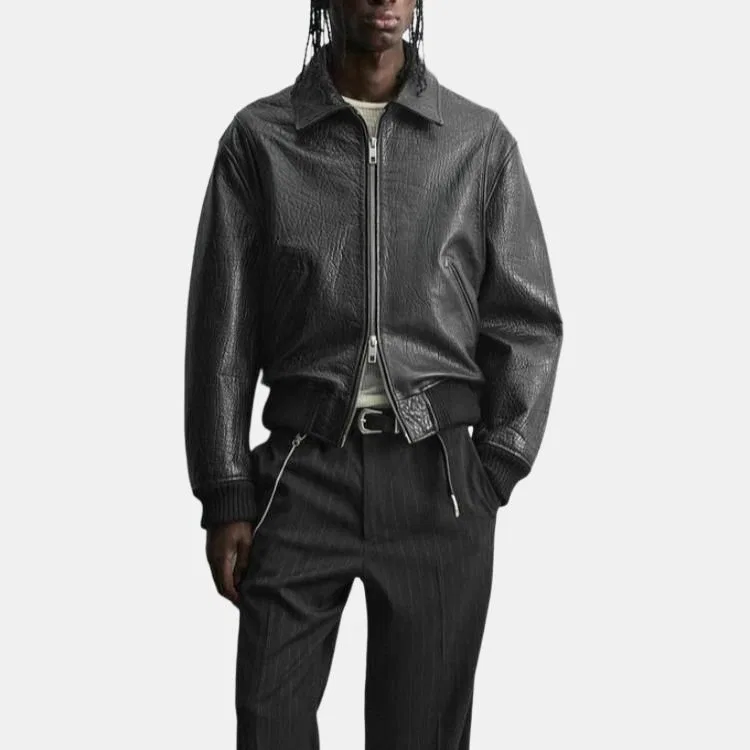 Мужская кожаная куртка с лацканами, Black, ZARA — фото 4