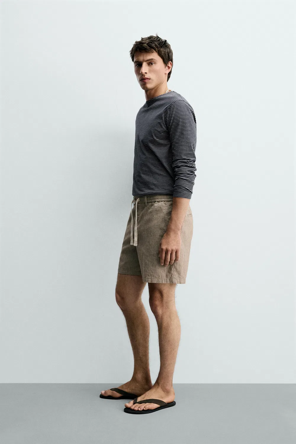 Хлопковые/льняные шорты-бермуды свободного кроя ZARA, Brown Stripes — фото 4
