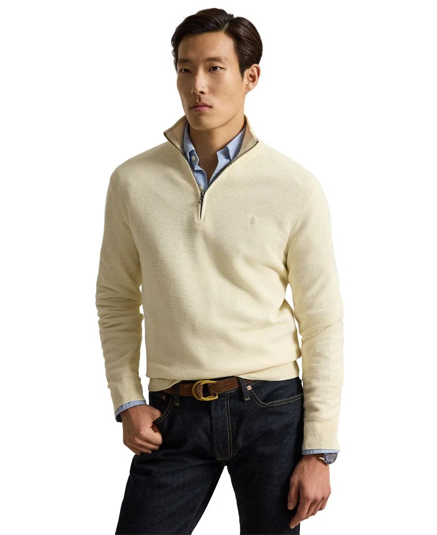 Свитер из хлопкового меланжа с воротником-гольф и молнией Polo Ralph Lauren, Andover Cream