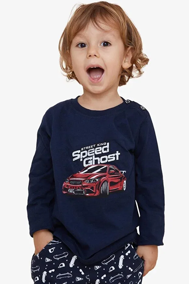 Детская футболка с длинным рукавом с принтом Ghost Car Print Breeze, Navy Blue