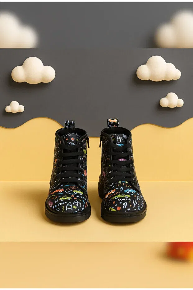 Детские ботинки для девочек с принтом Unisex patterned winter children's boots zippered lace-up comfortable and flexible soled daily black boots Zilvana, Multicolor — фото 3