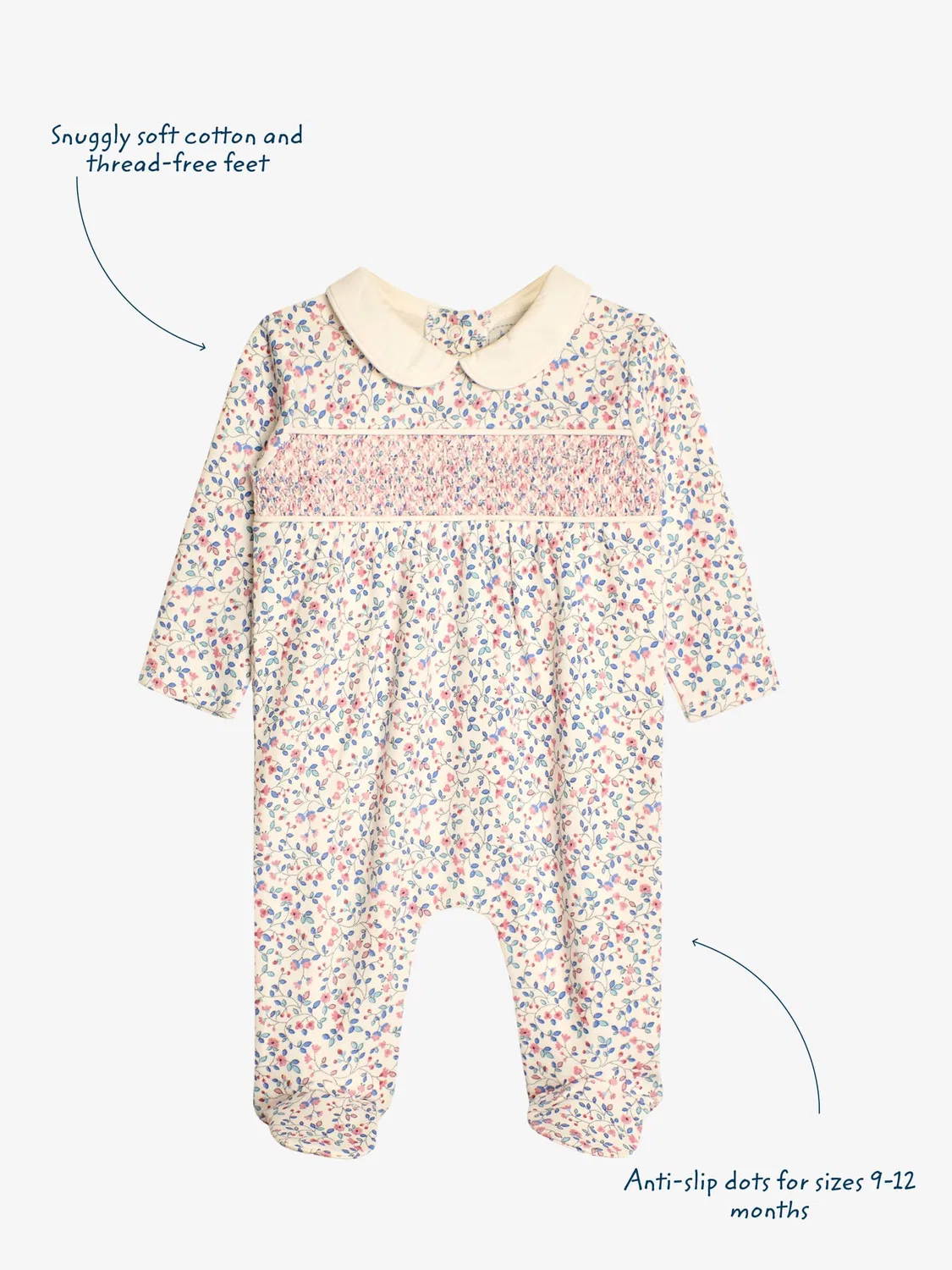 Комбинезон для сна с защипами, Pretty Smocked Sleepsuit, JoJo Maman Bébé, кремовый — фото 3