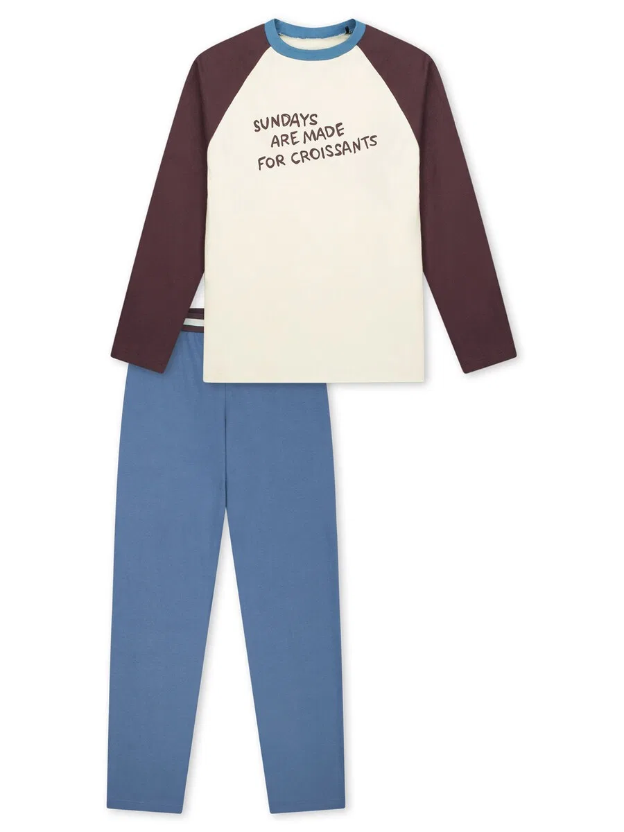 Пижама SCHIESSER «Ночная одежда» в светло-голубом, темно-коричневом и кремовом цветах