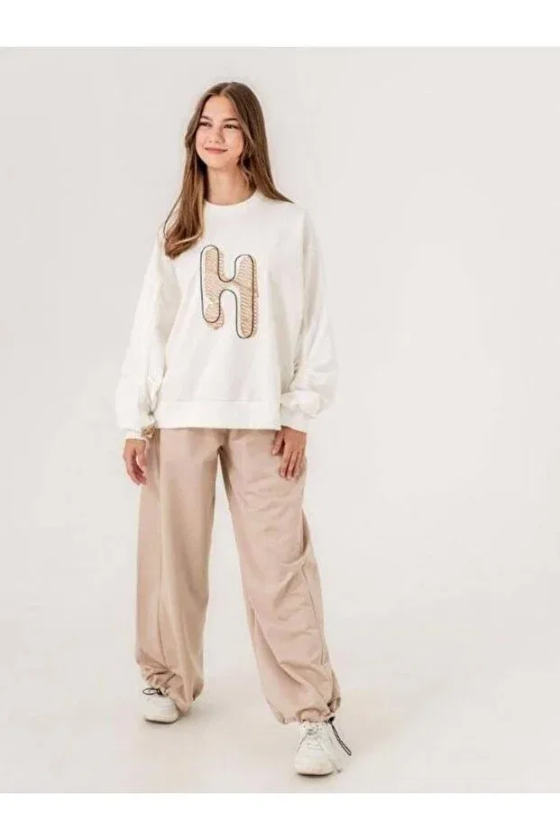Детские свитшот для девочек с вышивкой Zekids, Ecru Khaki