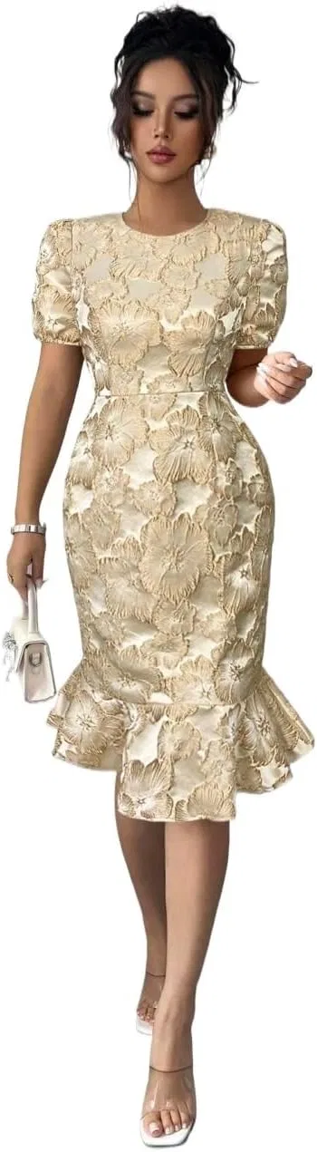 Женское летнее мини-платье с пышными рукавами Waist Elegant Midi, Apricot