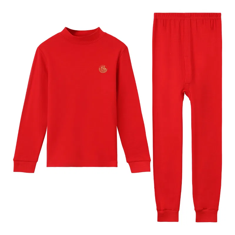 Детский комплект нижнего белья Red bean Fashion Pullover Long-Sleeved Top, Solid Color Slim Fit Pants, Underwear Set, Chinese Red Youth Set, China Red