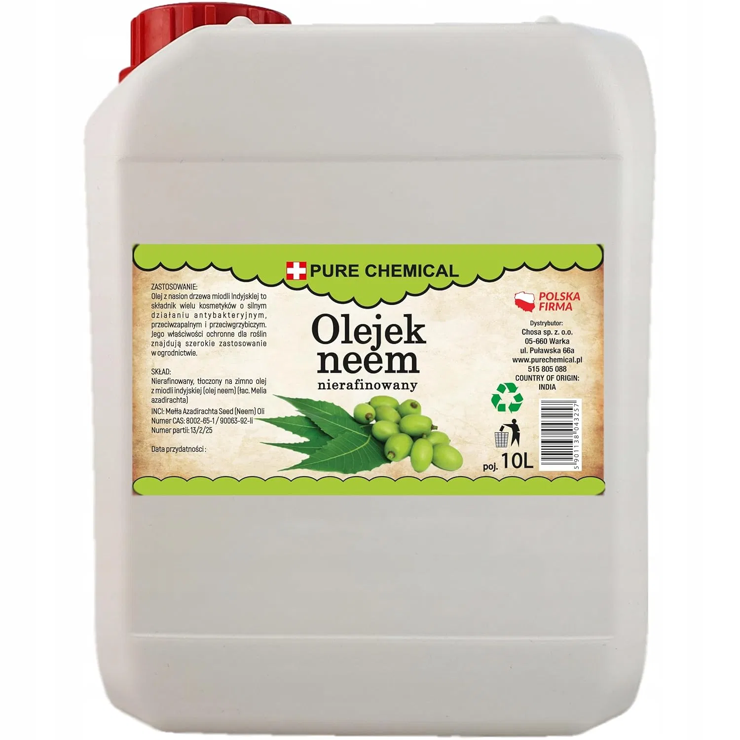 Масло Ним Organic Neem Oil, Pure Chemical by Chosa, 10 л, olejek neem