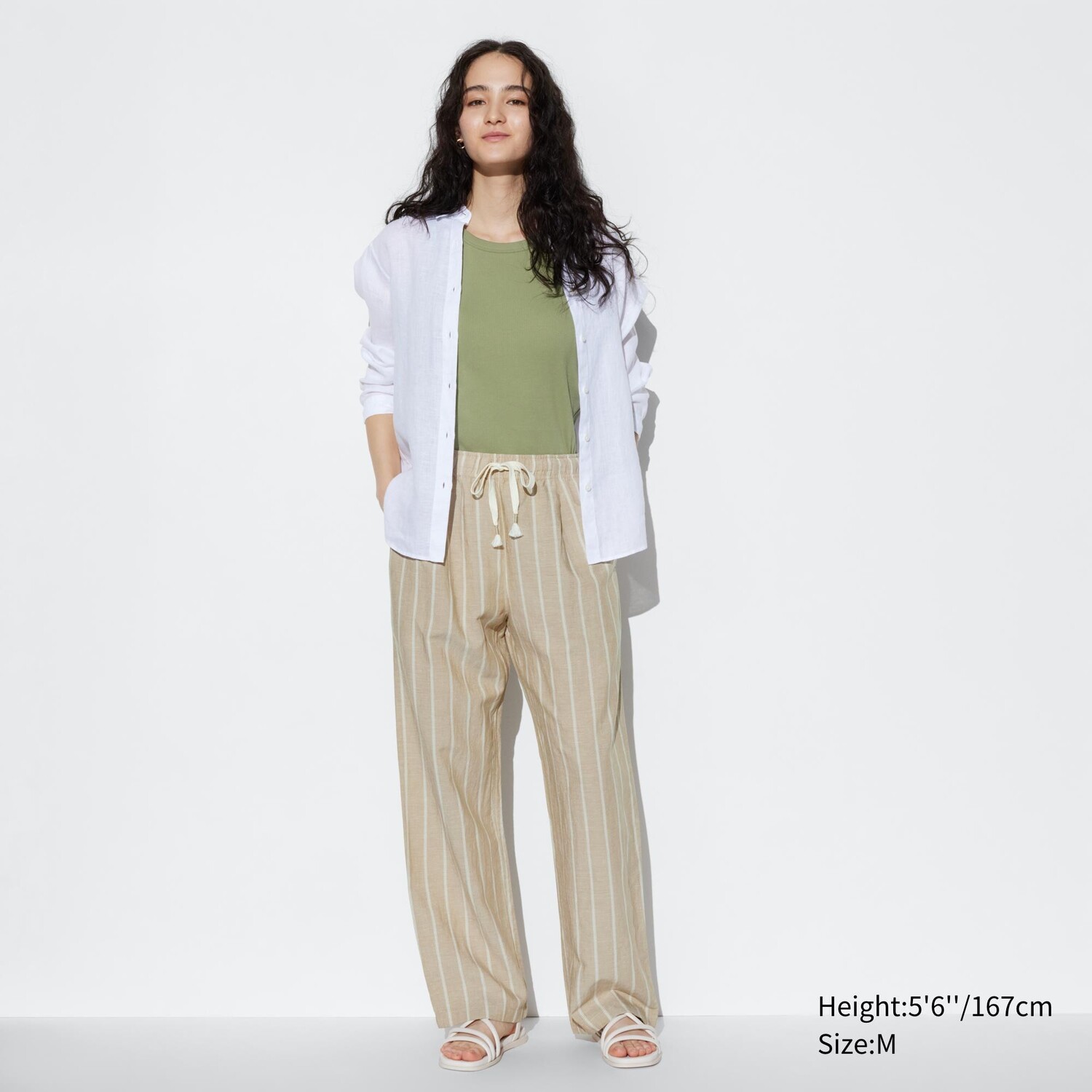 Брюки UNIQLO из льняной смеси в полоску, бежевый
