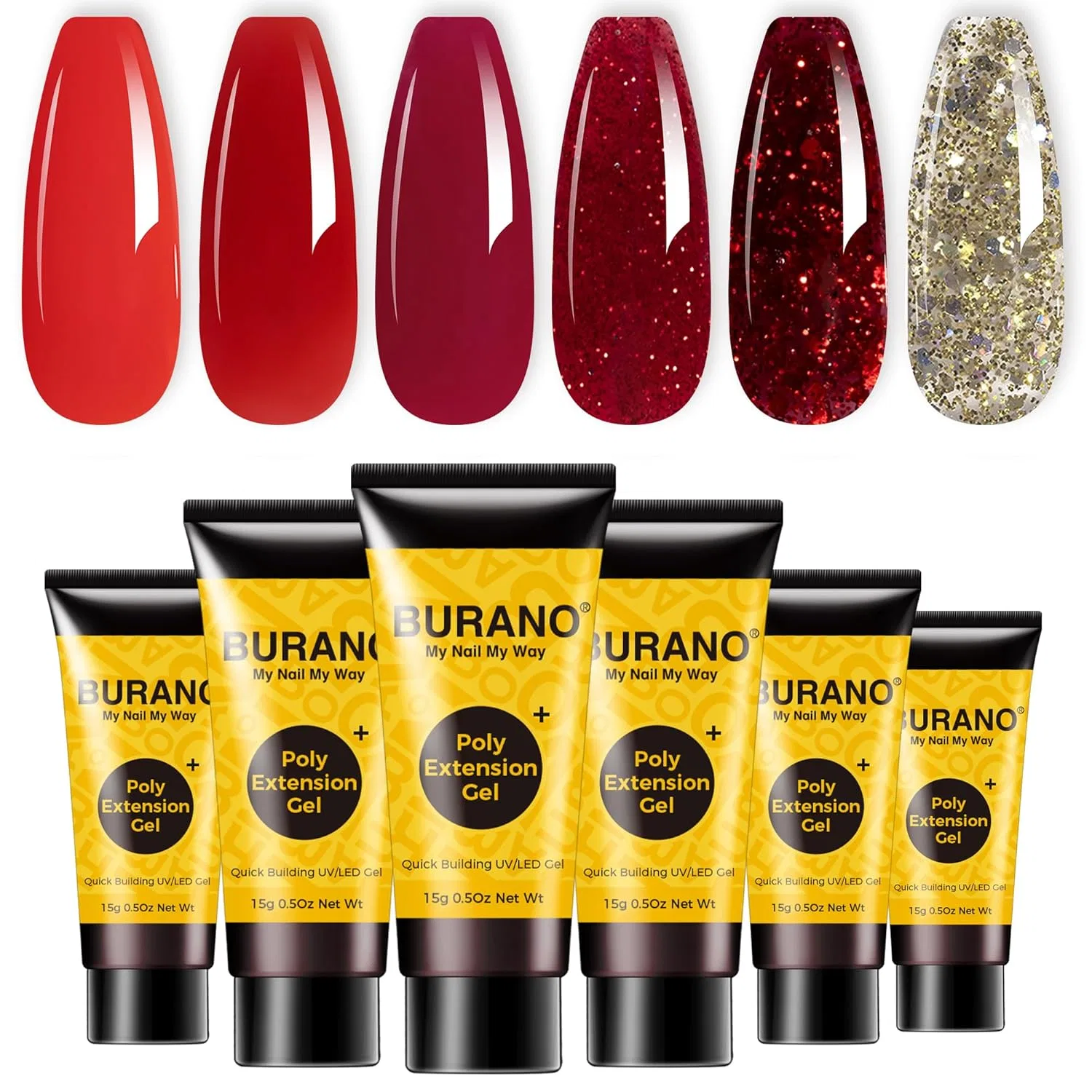 Набор полигеля для наращивания ногтей BURANO, 6 флаконов Burano, Red