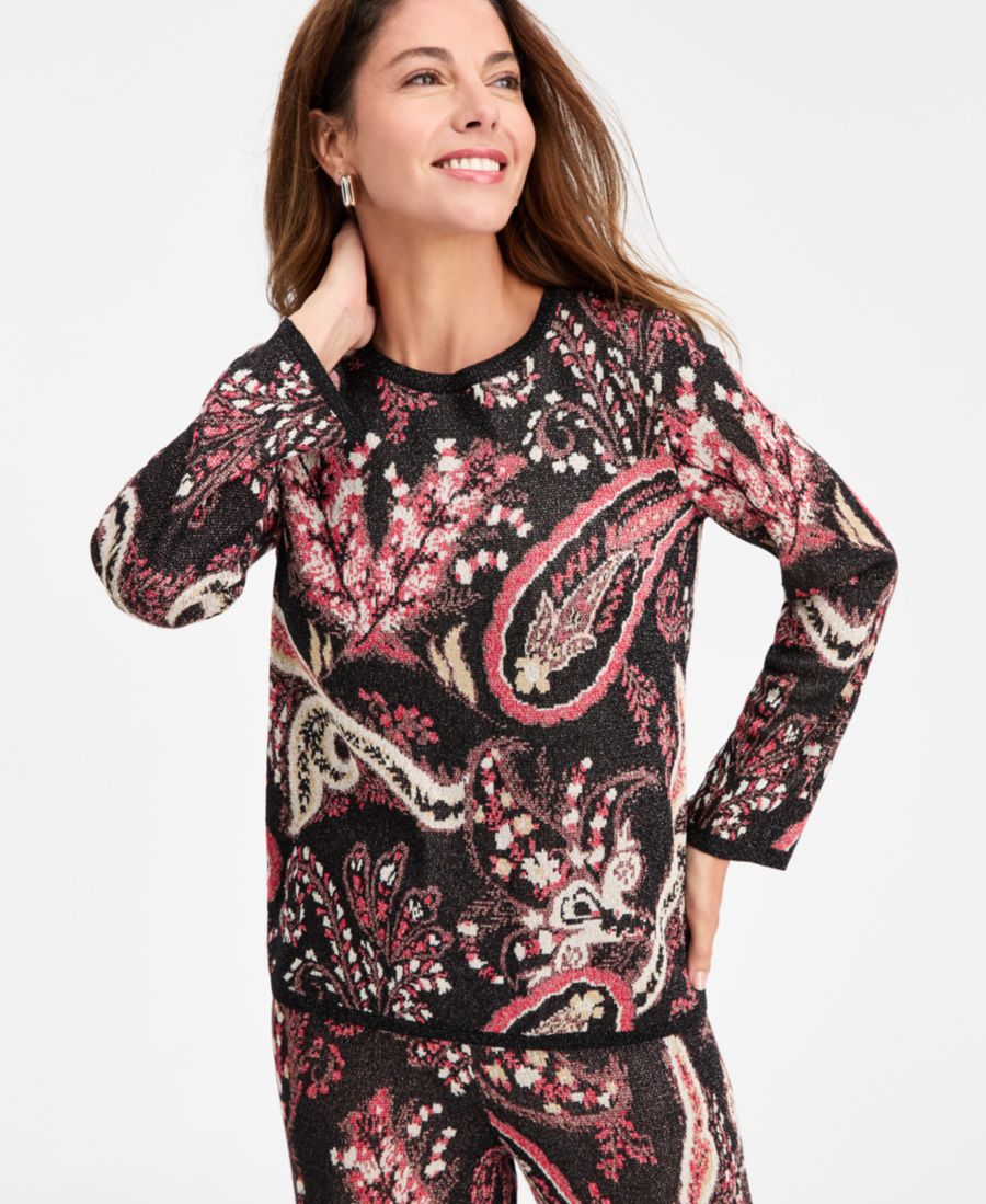 

Женский жаккардовый свитер с узором пейсли и металлизированной нитью, эксклюзивно для Macy's JM Collection, Deep Black Combo