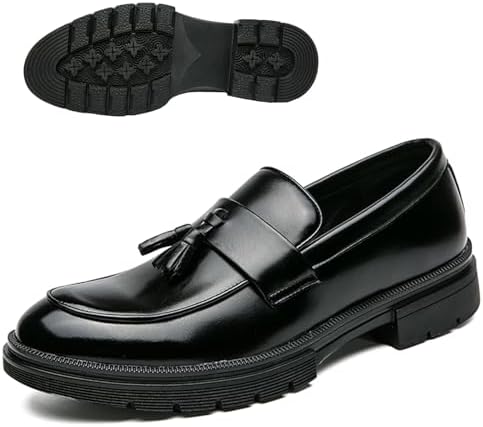 

Мужские модные лоферы на платформе с кисточками, удобные, с широким круглым носком, без застежки, подошва с протектором, низкий каблук-блок, деловые туфли, противоскользящие, для работы в офисе и повседневной носки Qooel, черный