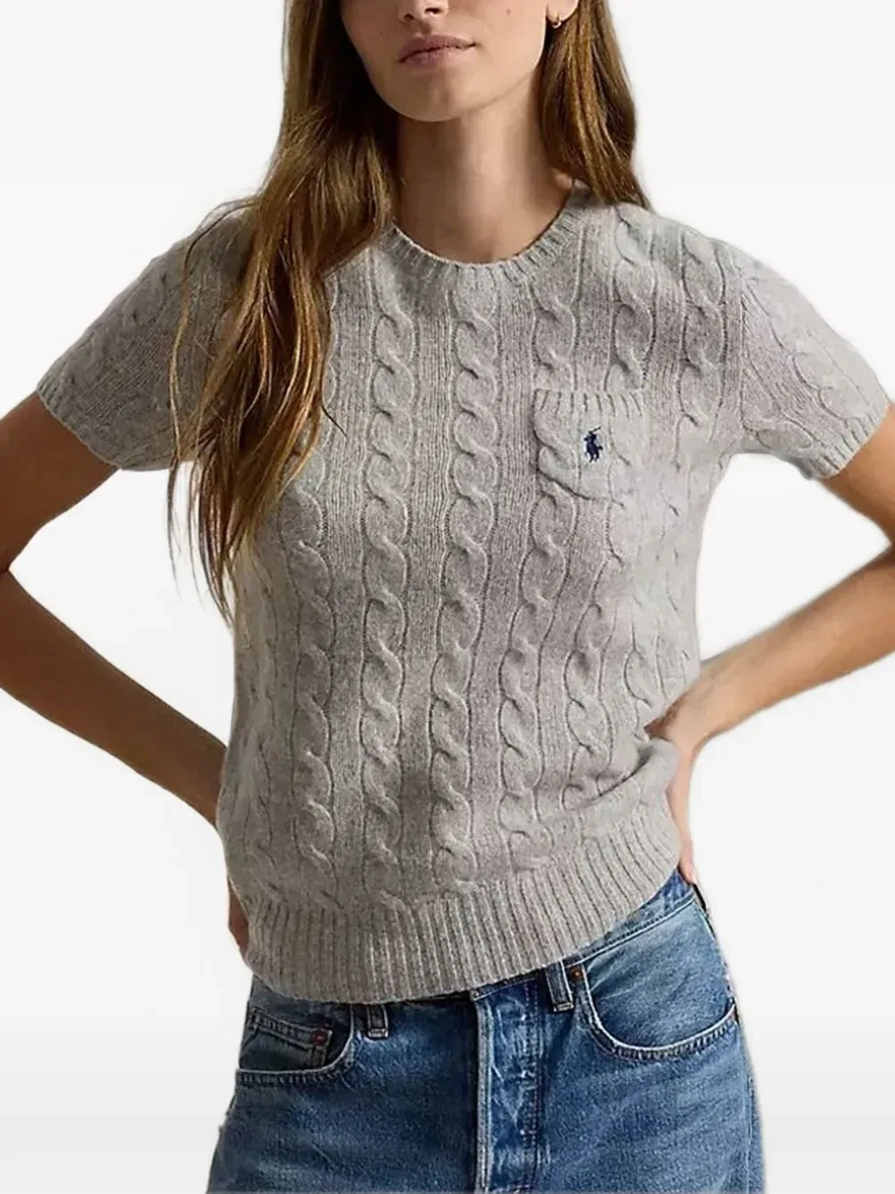 Футболка с карманом на груди и узором «косы» POLO RALPH LAUREN, серый — фото 3