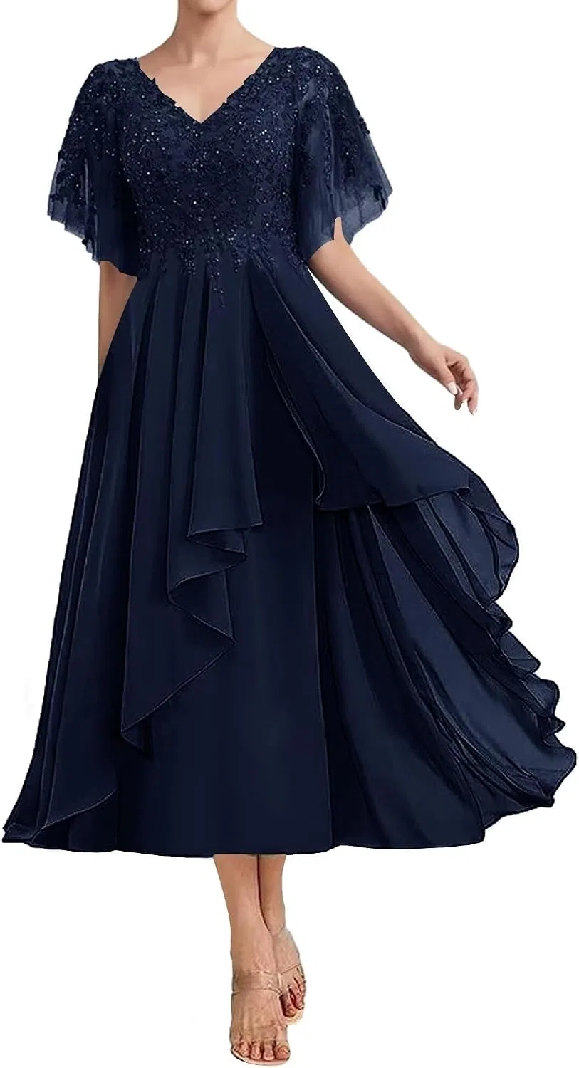 Женское вечернее платье с кружевом и пайетками Tea Length, Navy Blue