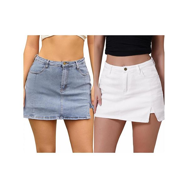 

2 упаковки женских джинсовых шорт-юбок с высокой талией, а-силуэтом, эластичных, с боковым разрезом, мини Inspire Chic, White Light Blue
