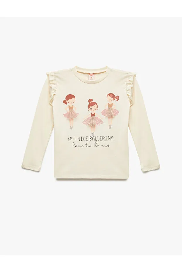 Детская футболка с принтом Ballerina print long sleeve crew neck cotton t-shirt Koton, Ecru