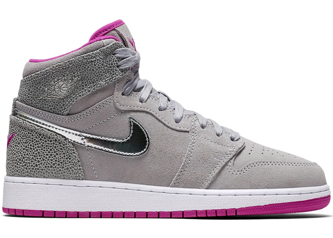 Детские кроссовки для девочек с принтом Jordan 1 Retro High Maya Moore Jordan, Wolf Grey/Chrome-Fuchsia Flash-White