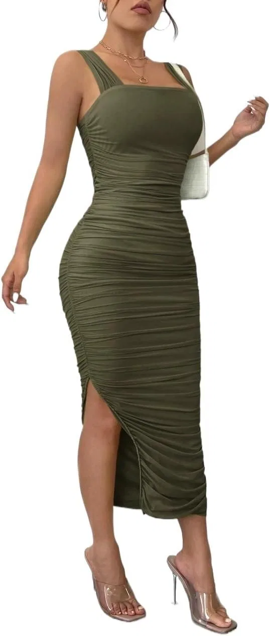 Женское элегантное платье-комбинация с разрезом Slimming Fit, Army Green