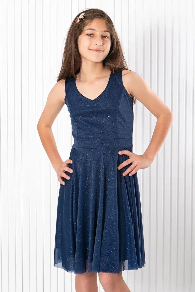 Детское платье для девочек с открытой спиной Back detailed tulle evening dress navy blue mdv942 Modaviki, Navy Blue — фото 3