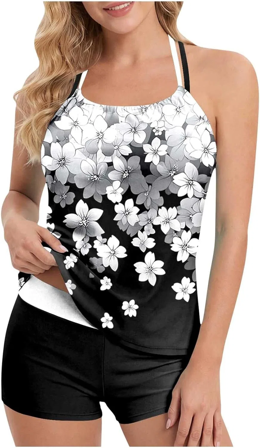 Женский танкини с цветочным принтом, Halter, Black