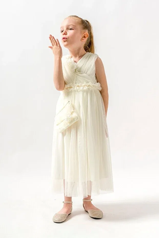 Детское платье для девочек с открытыми плечами Crowace collar gown dress Dfn, Ecru — фото 4