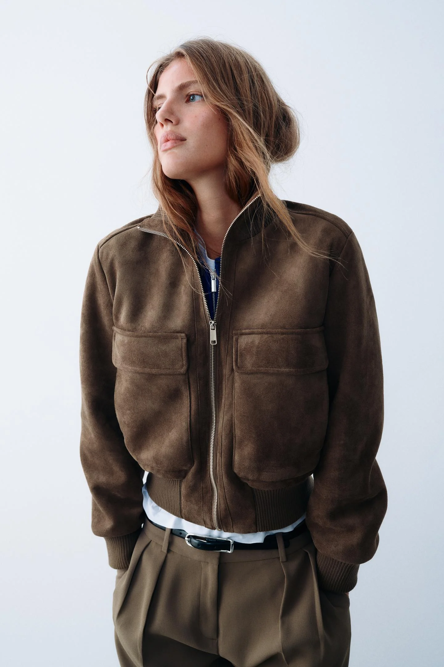 Куртка Zara бомбер с эффектом замши, коричневый