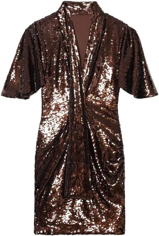 Женское мини-платье с пайетками A-силуэта, V-Neck, Black