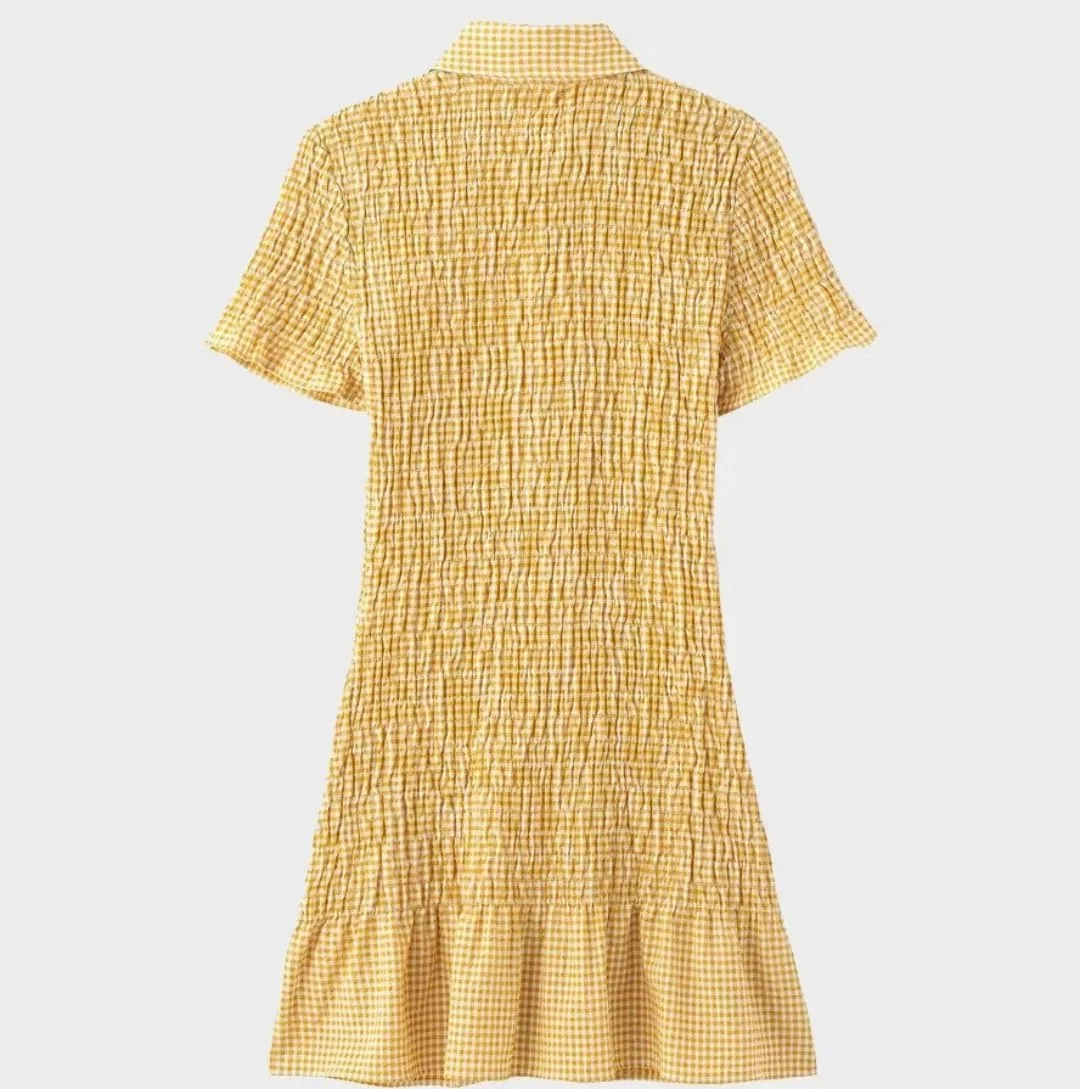 Женское платье-рубашка плиссированное в клетку с оборками, Yellow — фото 3