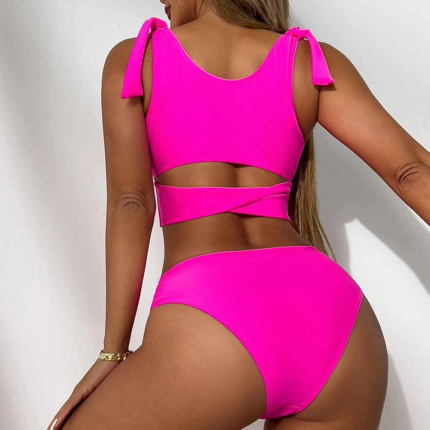 Женский купальник раздельный с высокой талией, Hot Pink — фото 3