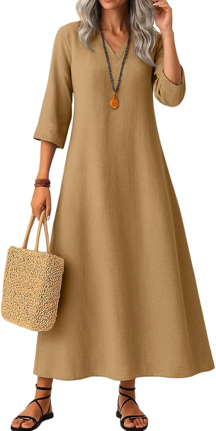 Женское летнее макси-платье с 3/4 рукавом из хлопка и льна Casual, Light Brown