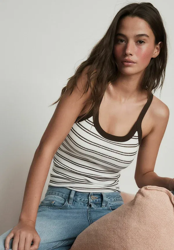 Топы-майки 2 шт, хлопок, Regular fit, Next, Khaki Brown, White Stripe, белый/коричневый/хаки — фото 4