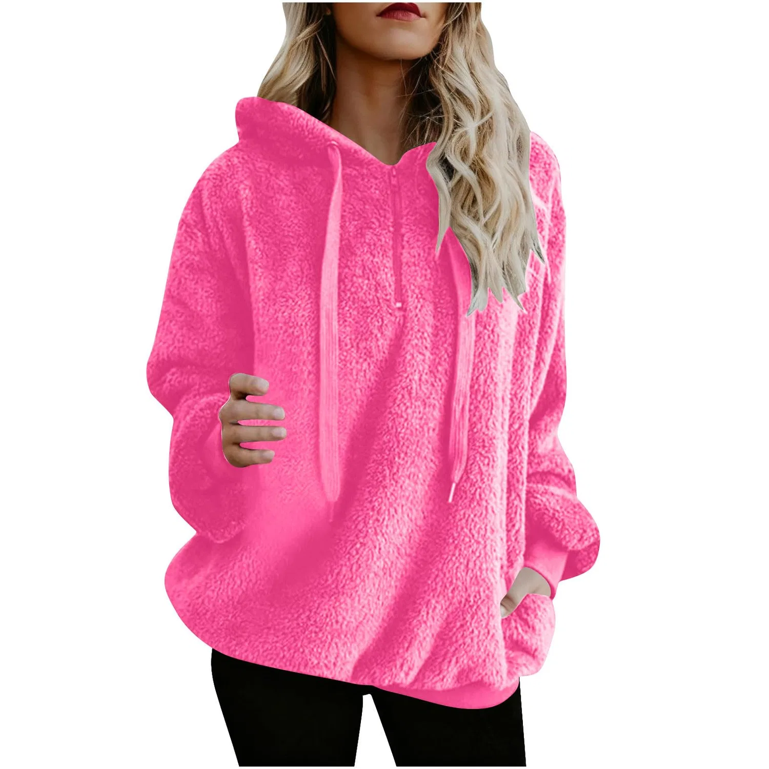 Женский утепленный флисовый худи с молнией 1/4, модель Furry Sherpa, бренд, pink