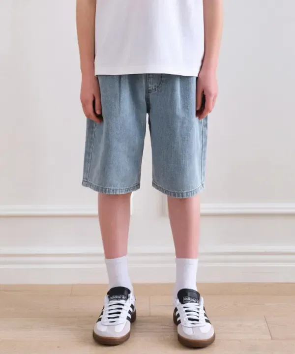 Шорты джинсовые широкие на поясе с резинкой, лен, Musinsa Standard Kids, Light Indigo