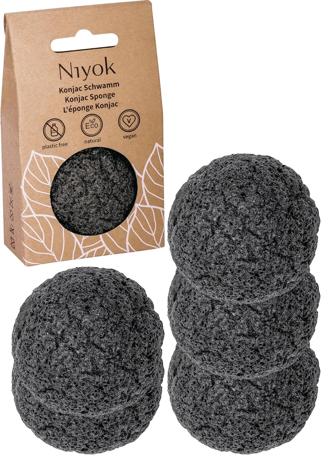 Конжаковая губка для лица Niyok, набор 6 шт, с древесным углем