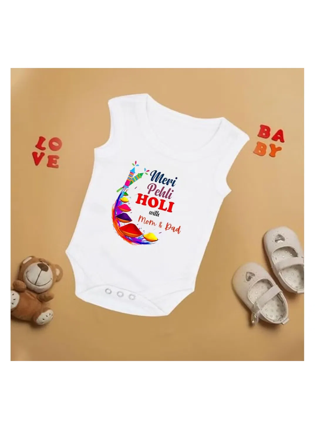Боди-комбинезон без рукавов с праздничным принтом Holi Festival Printshop4Me, белый — фото 2