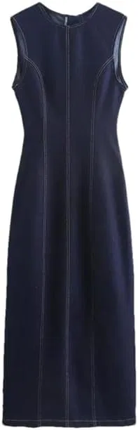 Женское джинсовое платье миди с круглым вырезом без рукавов, Denim