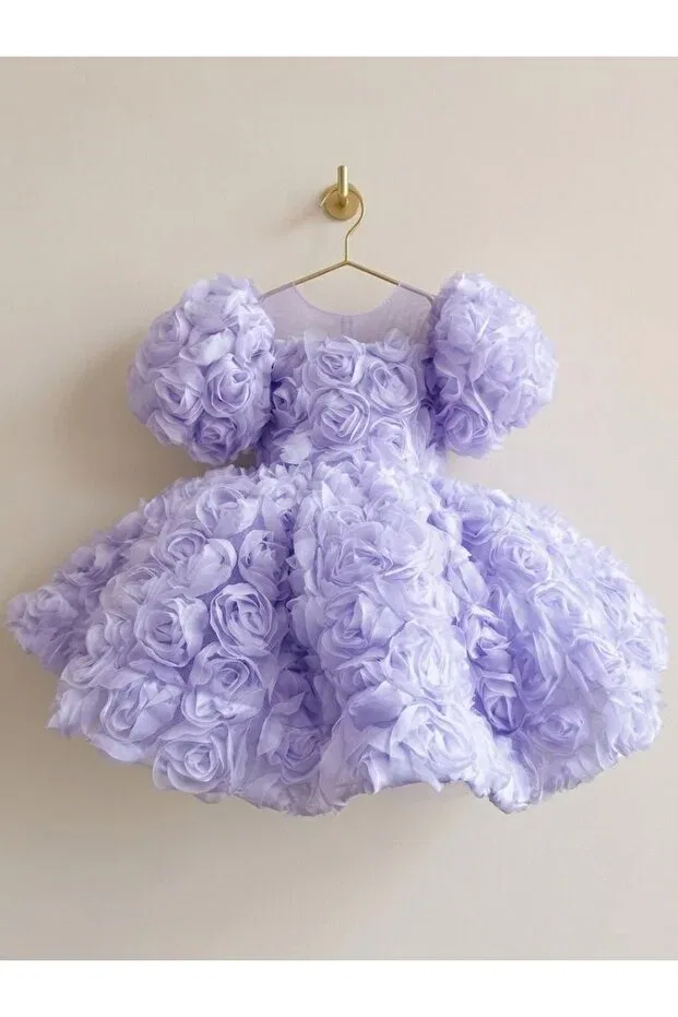 Детское платье для девочек с принтом Boutique roselyn girl's fluffy rose detailed birthday dress evening dress Hobi, Lilac